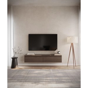 Selsey TV-Hängeboard Bemmi 150 cm in Nussbaum-Holzoptik, schwebend unter TV im modernen Wohnzimmer.