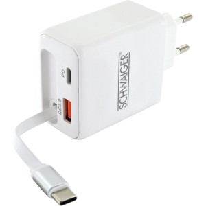Weißer Schwaiger Ladeadapter mit USB-A, USB-C Anschlüssen und ausziehbarem USB-C Kabel für Handy-Zubehör.