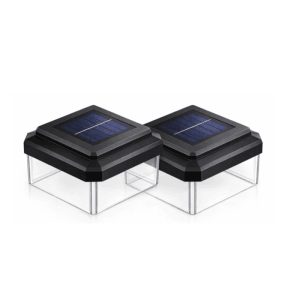 Zwei schwarze 80x80 Solar Zaunleuchten mit LED und Solarpanel für Stabmattenzaun Pfosten. Kabellose Beleuchtung.