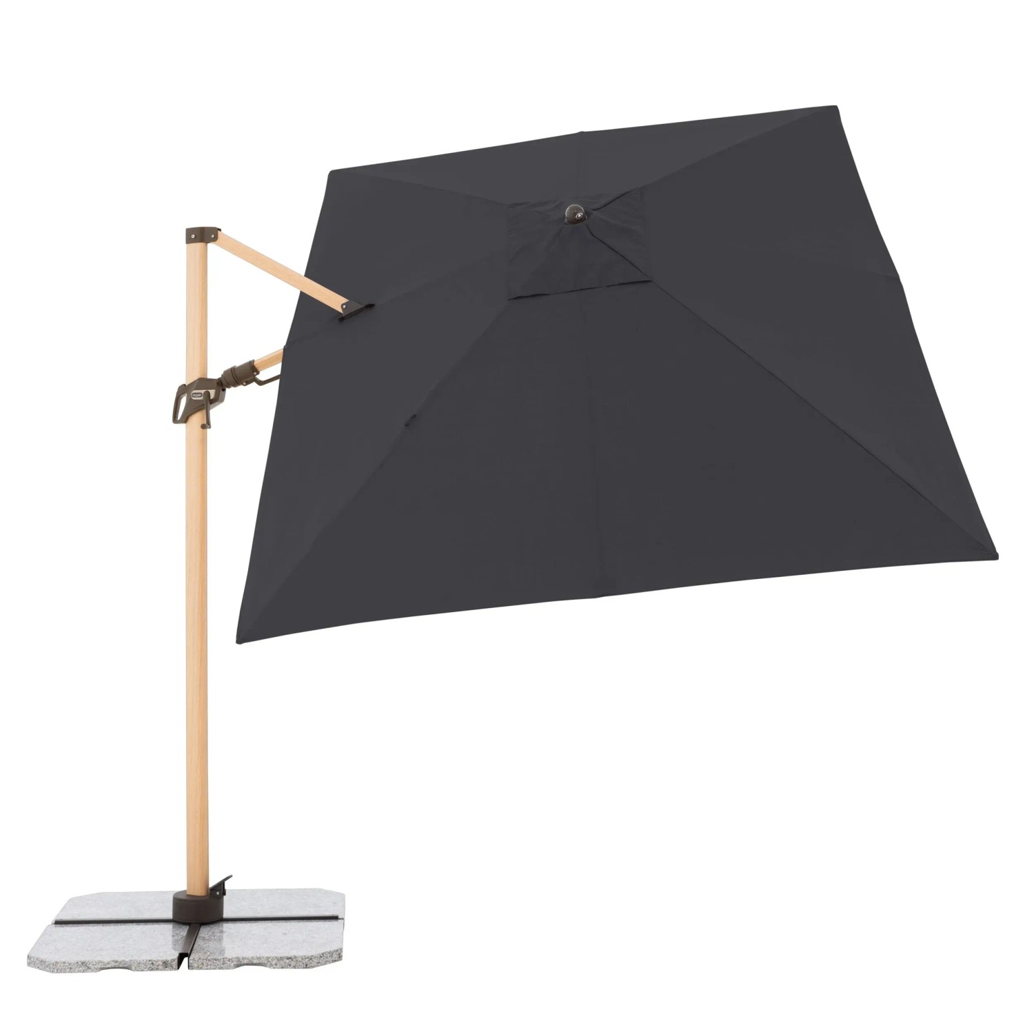 Anthrazitfarbener Pendelschirm ALU WOOD AX Ultra, 220x300 cm, mit hellem Eschenholz-Look.