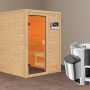 Karibu Sauna Sandra mit Ofen und externer Steuerung, aus Massivholz in Natur.