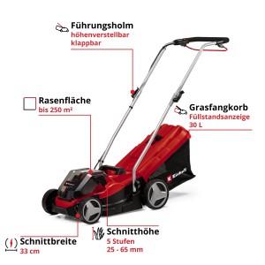 Einhell Akku-Rasenmäher GE-CM 36/33 Li mit zwei Akkus und Fangkorb. Ideal für kleine Rasenflächen.