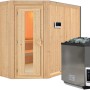 Karibu Sauna mit Bio-Ofen und externer Steuerung aus naturbelassenem Fichtenholz.