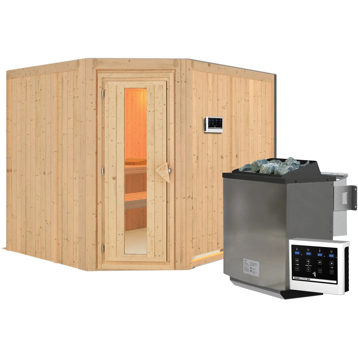 Karibu Sauna mit Bio-Ofen und externer Steuerung aus naturbelassenem Fichtenholz.