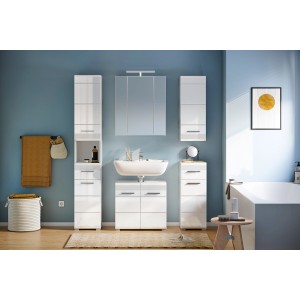 Modernes, weißes Badmöbel-Set Linus, 2-teilig, mit Hochglanz-Fronten und Spiegelschrank.