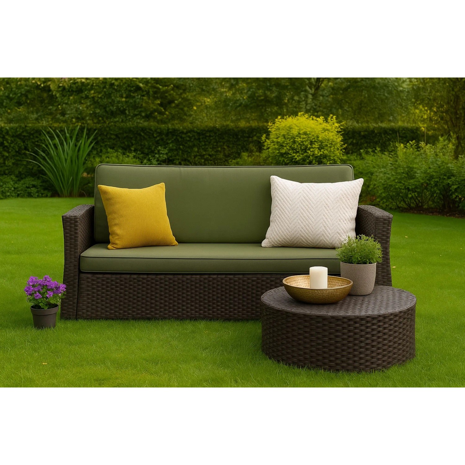 Grünes Gartenkissen-Set für 2-Sitzer Polyrattan Gartensofa (120x50x50 cm).