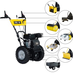 Texas Combi 800 TG Geräteträger mit Anbaugeräten wie Kehrmaschine, Schneeschild und Anhänger.