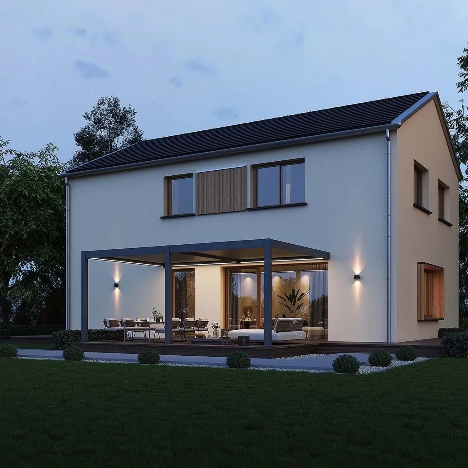 Moderne anthrazitfarbene Weide Deluxe Plus Wandpergola mit elektrischem Lamellendach und LED-Licht auf Terrasse.