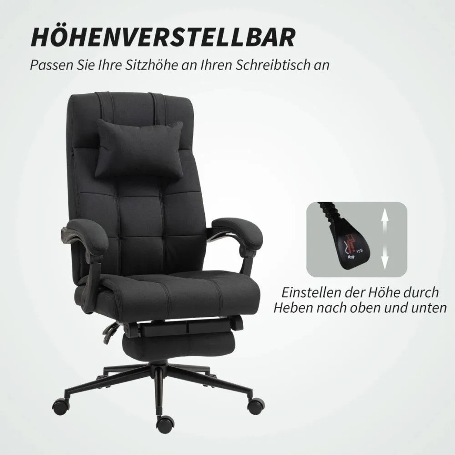 Schwarzer ergonomischer Bürostuhl mit Fußstütze, höhenverstellbar, in Leinenoptik. Ideal für lange Arbeitszeiten.