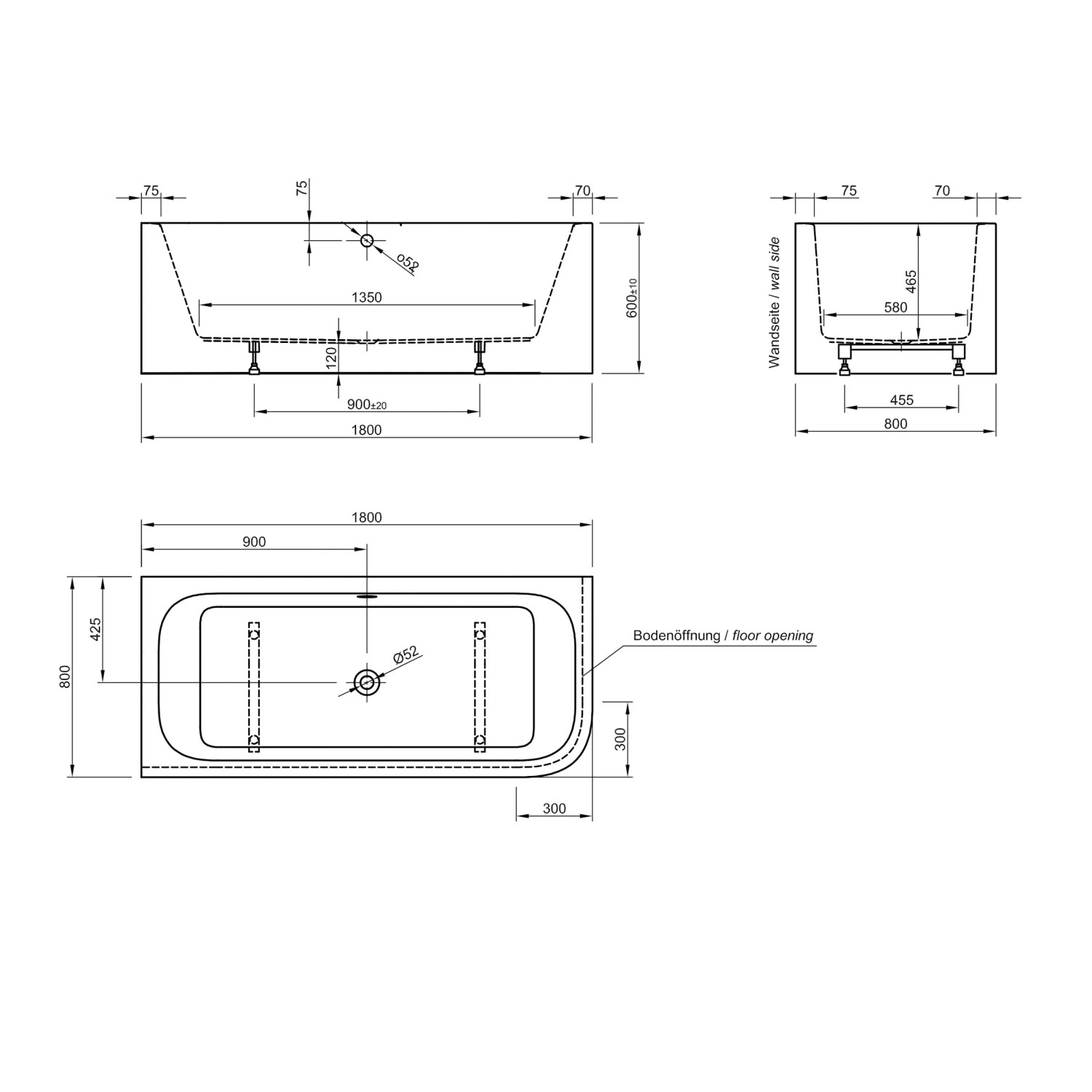 Technische Zeichnung: Ottofond Spirit Whirlpool 180x80 cm, rechte Ausführung, Maße und Details.