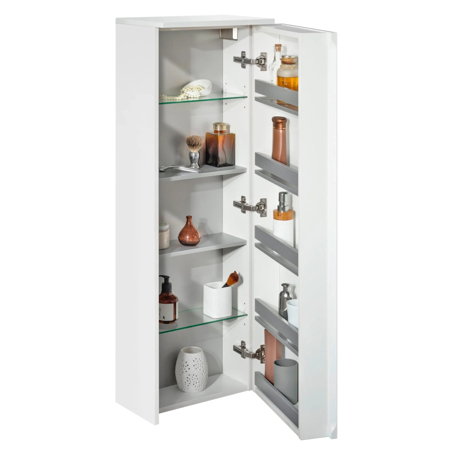 Offener, weißer Fackelmann Bad-Hängeschrank Magic mit Glasböden und Badutensilien.