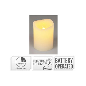 Elfenbeinfarbene LED-Kerze aus Wachs mit flackerndem Licht und Timerfunktion. 5x6,5 cm.