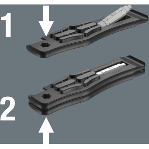 Wera Bicycle 15 Set, 5-teilig, zeigt die kompakte Aufbewahrung der Werkzeuge mit Pfeilen zur Verdeutlichung.