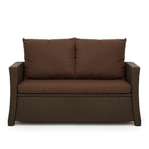 Braunes 2-Sitzer Gartensofa aus Polyrattan mit Kissen-Set für bequemes Sitzen.