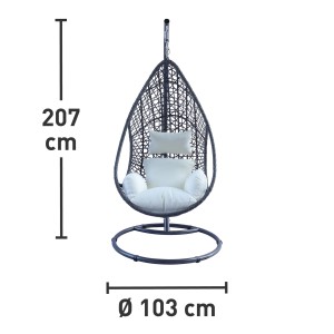 Hängesessel Pinamar aus Polyrattan in Grau-Beige mit Gestell und bequemen Kissen.