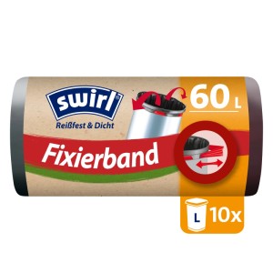 Swirl Fixierband-Müllbeutel 60 l, 10 Stück, auf Rolle. Schwarze, reißfeste Müllsäcke mit elastischem Band.