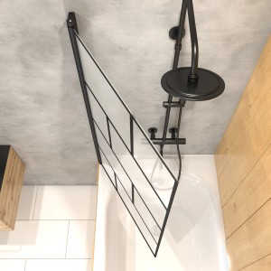 Aurlane Badewannenfaltwand Bricks, 1-flügelig, 75x125 cm, mit schwarzem Rahmen und Gitternetzlinien.