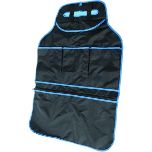 Blauer Autositz-Organizer (48x73cm) mit Fächern für Spielzeug und Zubehör.