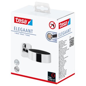 Verpackung des Tesa Elegaant Fönhalters in Chromoptik. Bad-Accessoire zur Wandmontage ohne Bohren.