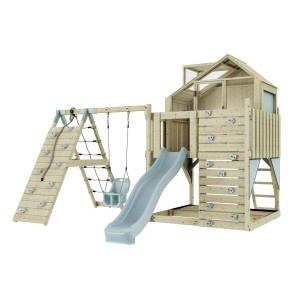 PolarPlay Babyschaukel Anika Eisblau mit Rutsche, Kletterwand und Spielhaus aus Holz.