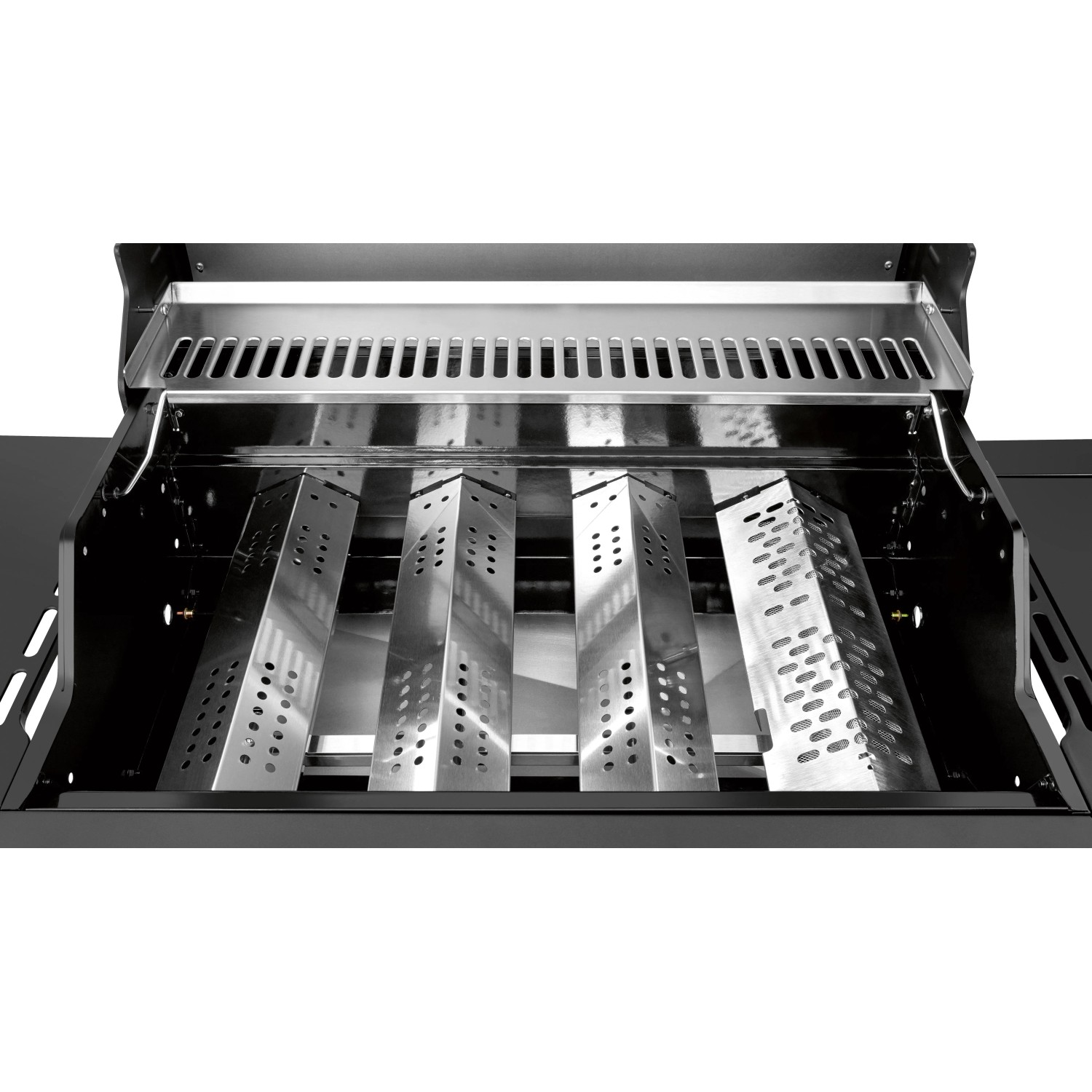Innenansicht Jamestown Knox II Gasgrill mit Edelstahl-Brennerabdeckung und Warmhalterost.