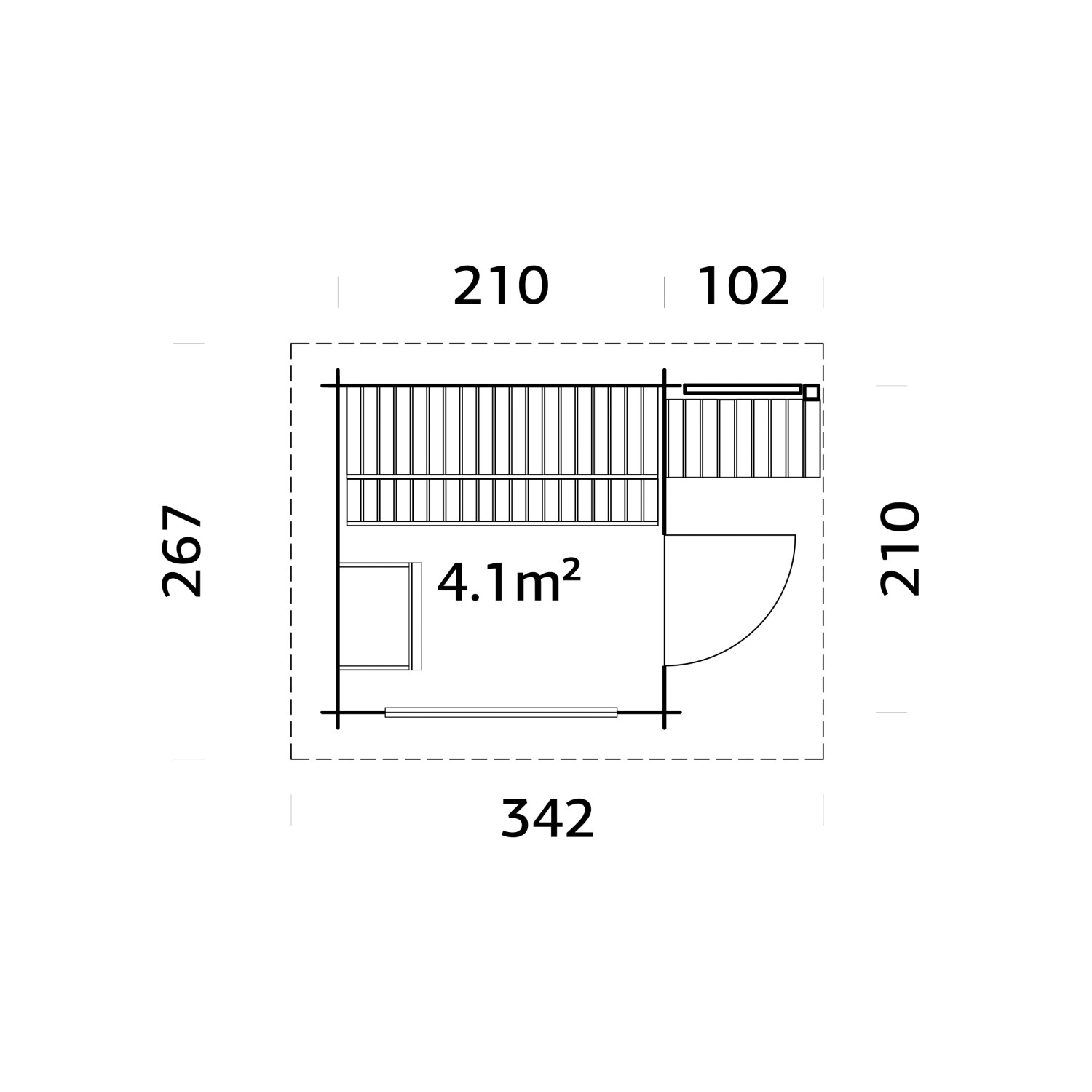 Grundriss Palmako Sauna Sanna 210x210 cm, hellgrau-anthrazit, mit Maßen und Raumaufteilung.