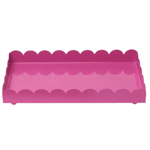 Kleines, pinkes Deko-Tablett aus Metall mit gewelltem Rand, 21,5 x 12 x 2,5 cm.