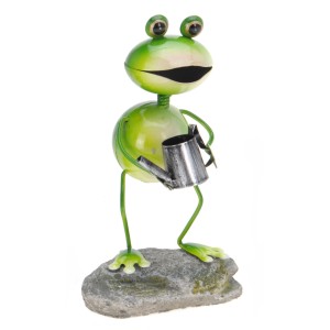 Grüner Deko-Frosch aus Metall mit Gießkanne auf Stein, 14,5 cm hoch, für die Gartendekoration.