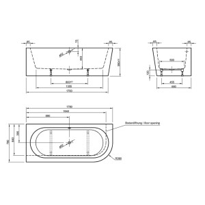 Technische Zeichnung der Ottofond Eck-Badewanne Modena Corner rechts, weiß. Zeigt Maße, Draufsicht, Seitenansicht. Ideal für Badplanung.