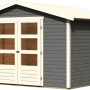 Karibu Holz-Gartenhaus Aesch mit Satteldach, lackiert in Terragrau und Weiß.