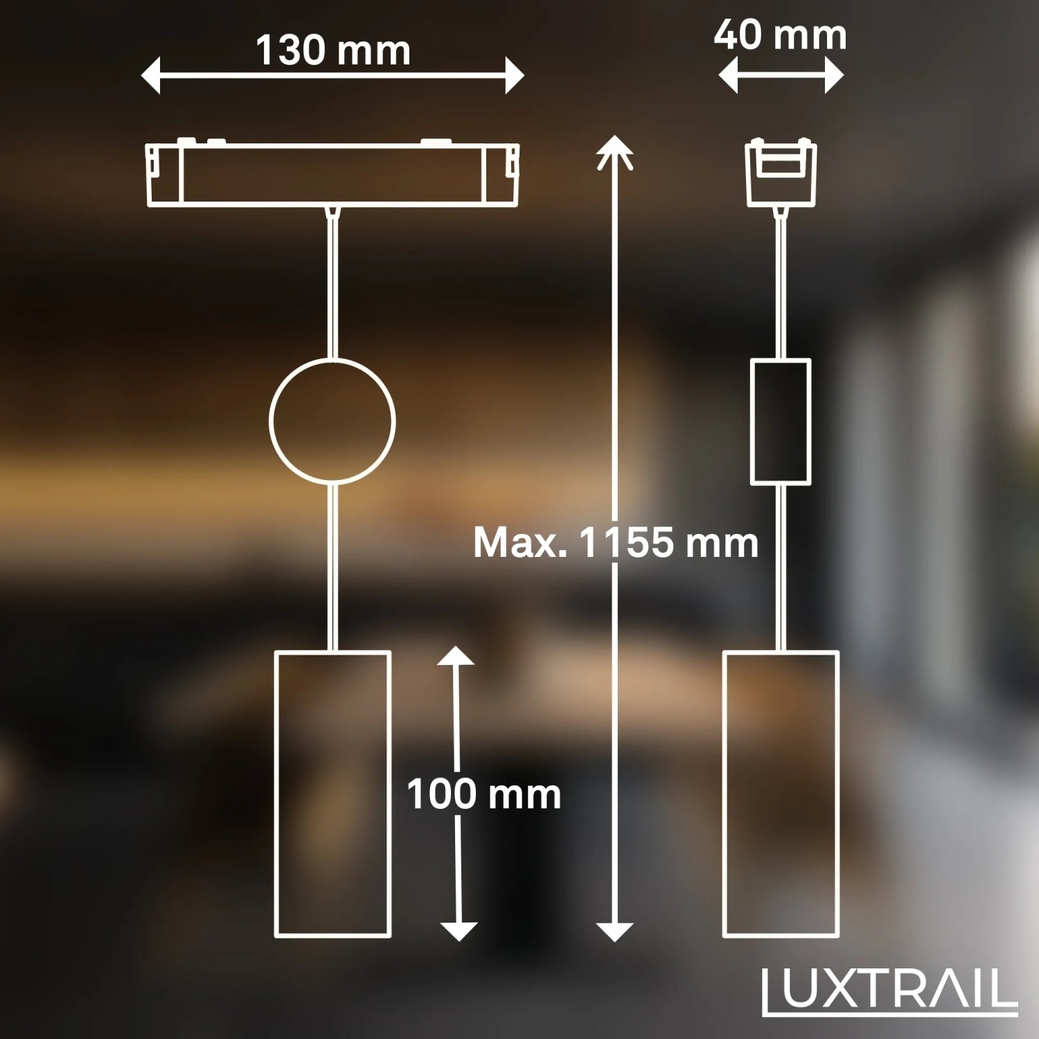 Technische Zeichnung der höhenverstellbaren Brilo Luxtrail Pendelleuchte für Schienensysteme.