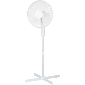 Weißer Standventilator, Ø 40 cm, Höhe 120 cm, mit verstellbarer Teleskopstange und Standfuß.