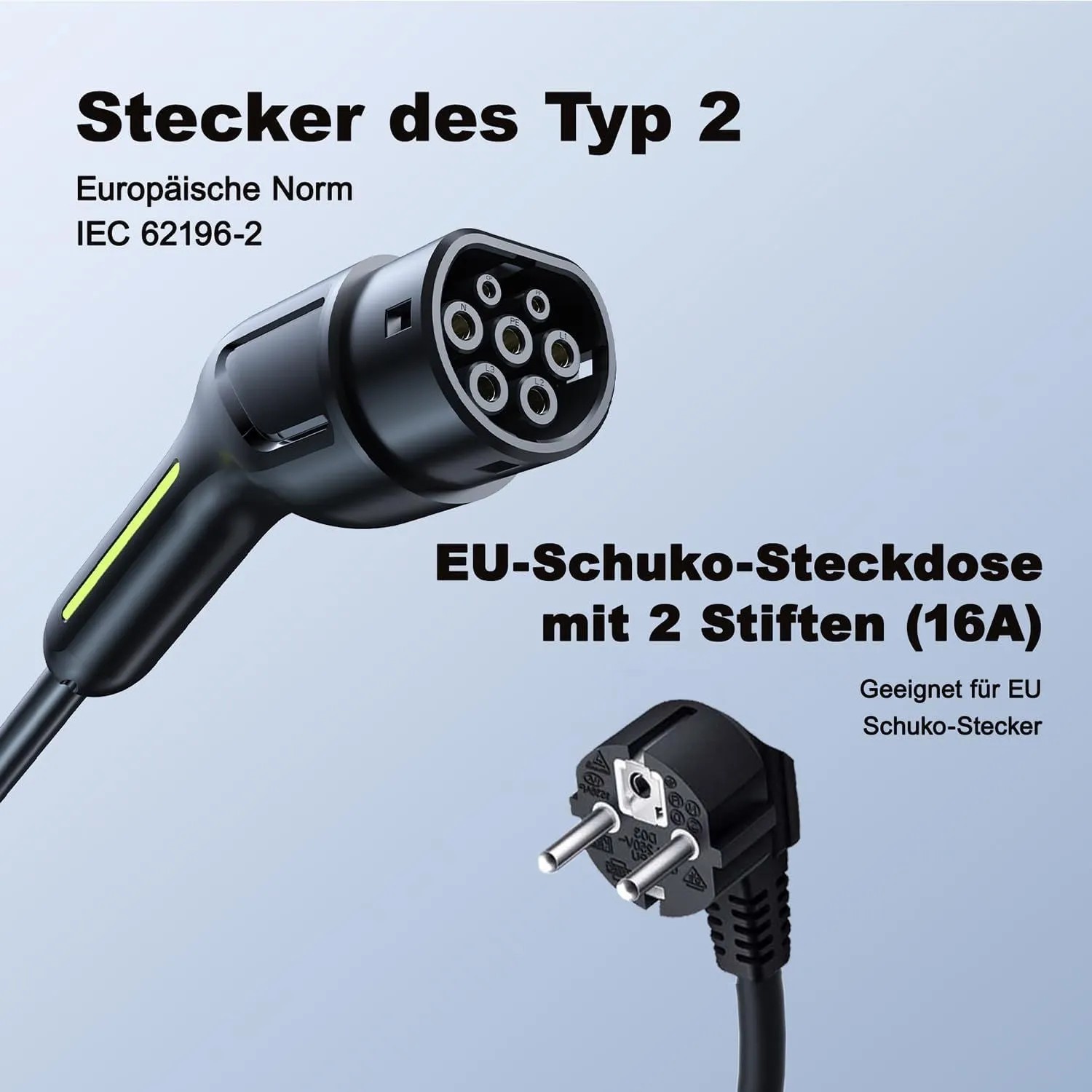 Typ 2 EV Ladekabel Stecker und geerdeter EU-Stecker. 3KW Ladegerät für E-Autos.