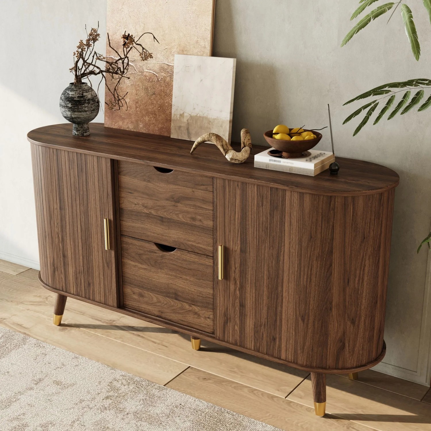 okwish Sideboard mit 2 Schiebetüren 2 Schubladen Wohnzimmer 140x79.5x40cm Braun_4