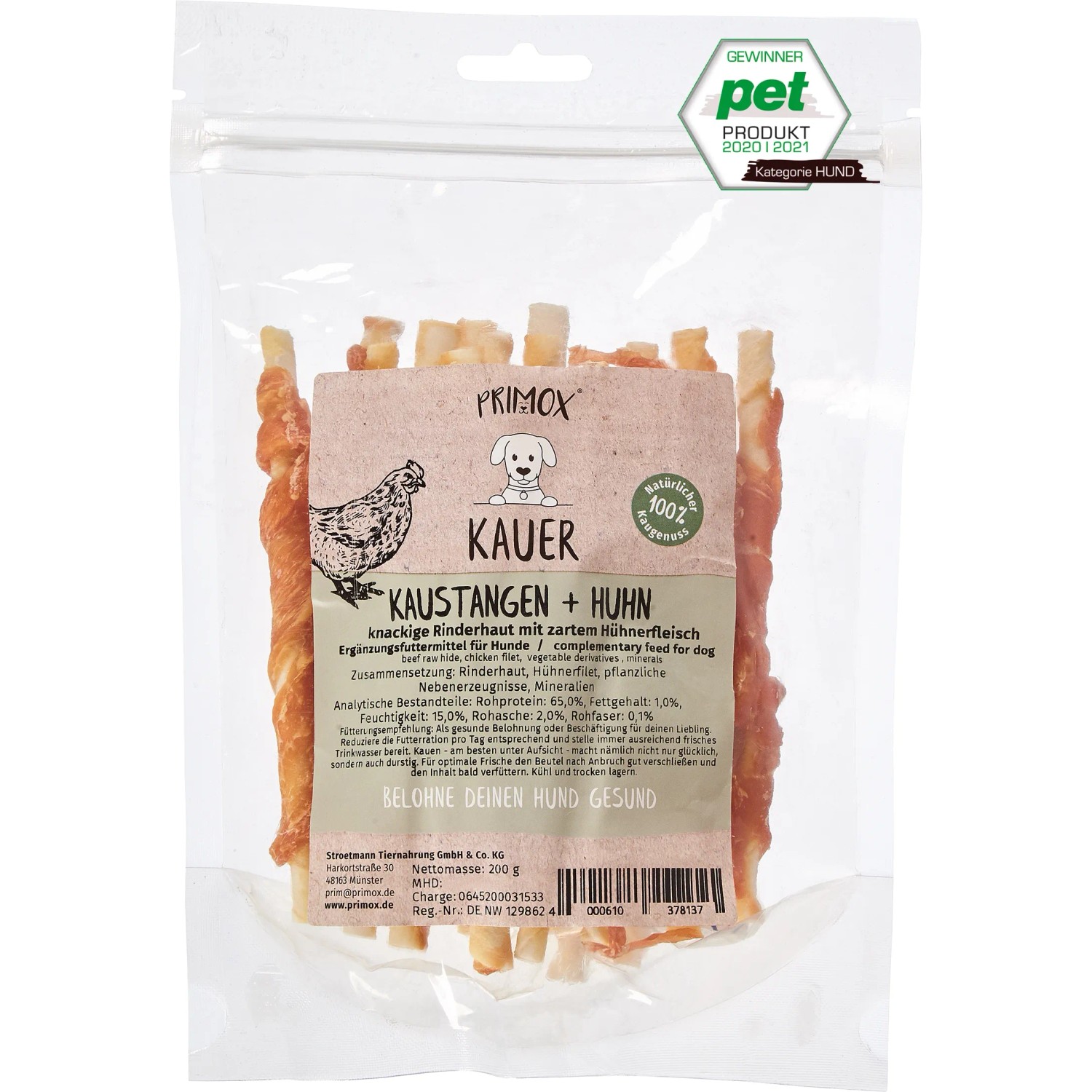 Primox Kausstangen Huhn, 200g: Hunde-Snack aus Rinderhaut mit Hühnerfleisch. Natürlicher Kausnack für Hunde.