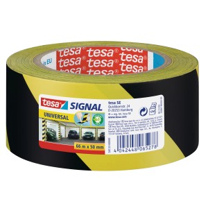 Tesa Signal Markierungsklebeband, gelb-schwarz, 66m x 50mm, zur Baustellenabsicherung.