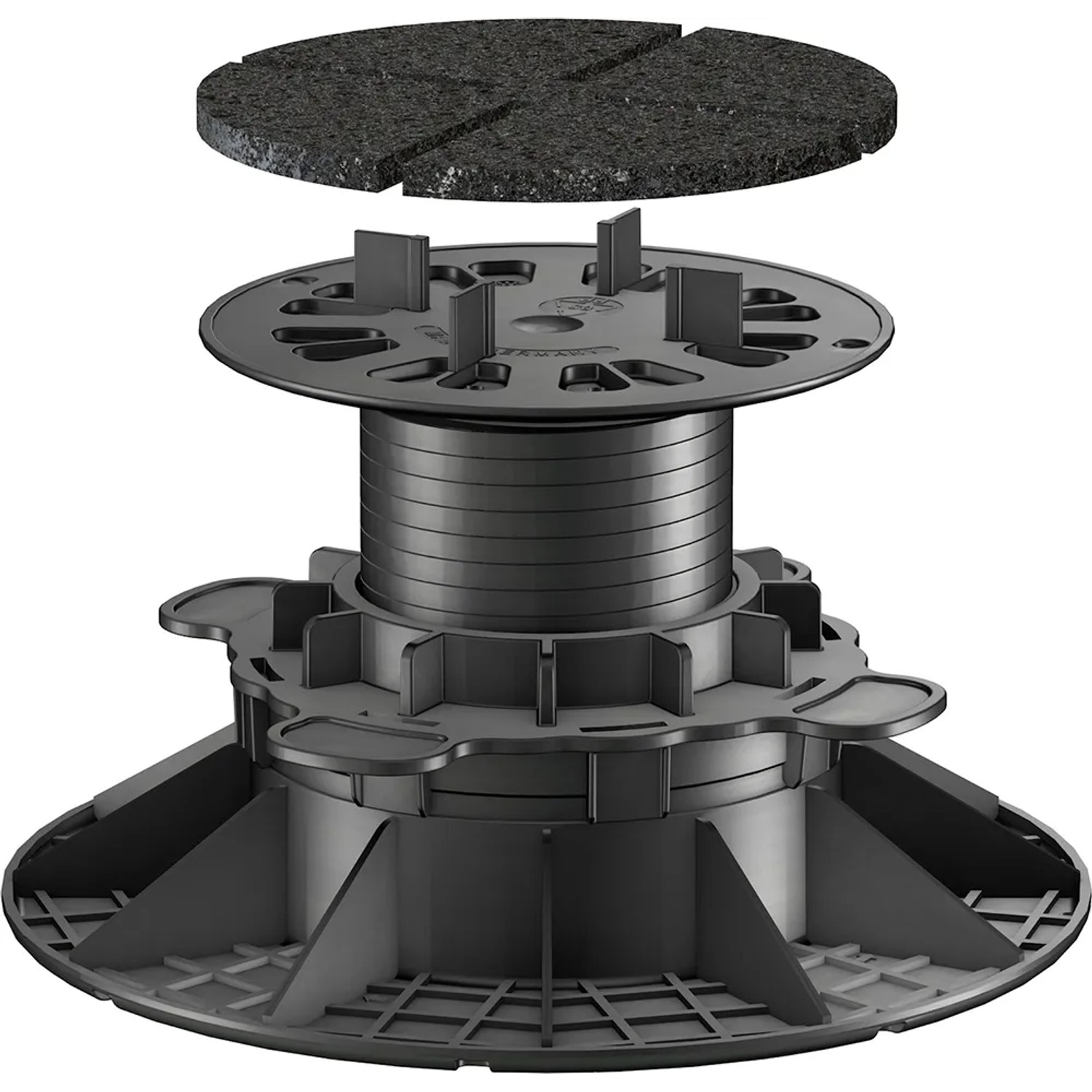 GS Terrassen Gummipad (130x130x3 mm) auf Plattenlager zur Dämpfung und zum Ausgleich von Unebenheiten.