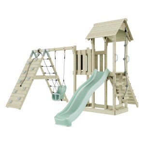 PolarPlay Babyschaukel Farö Mintgrün: Spielturm mit Rutsche, Schaukel und Kletterwand aus Holz.