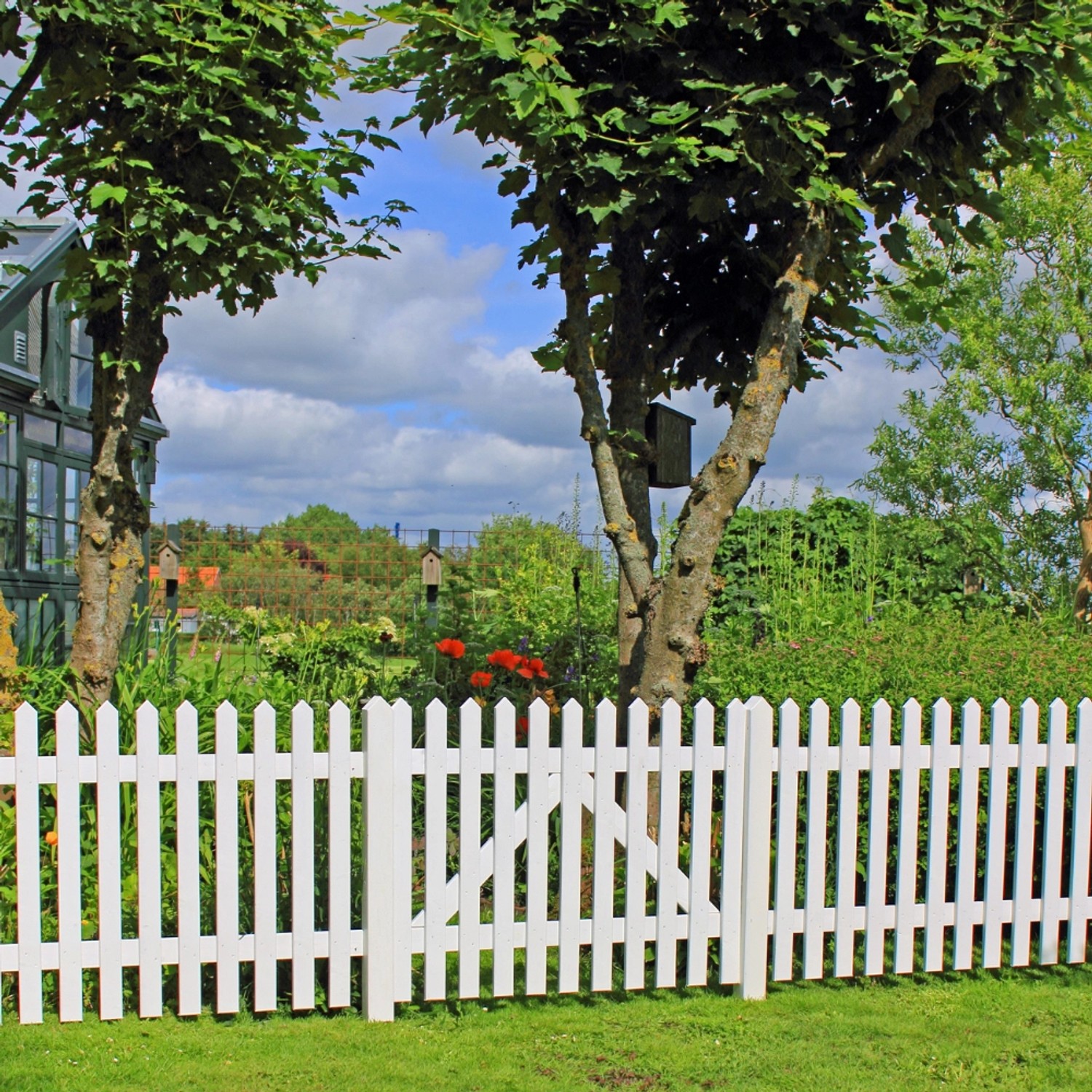 Weißes Gartentor Skagen Lux aus Nadelholz, 100x80 cm, vor Gartenlandschaft.