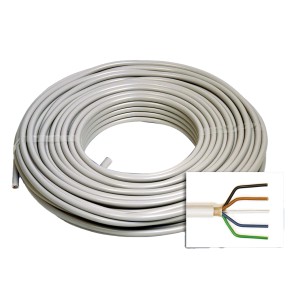 Graues Installationskabel NYM-J 5 x 1,5 mm² (50 m) aufgerollt, Detailaufnahme der farbigen Adern.