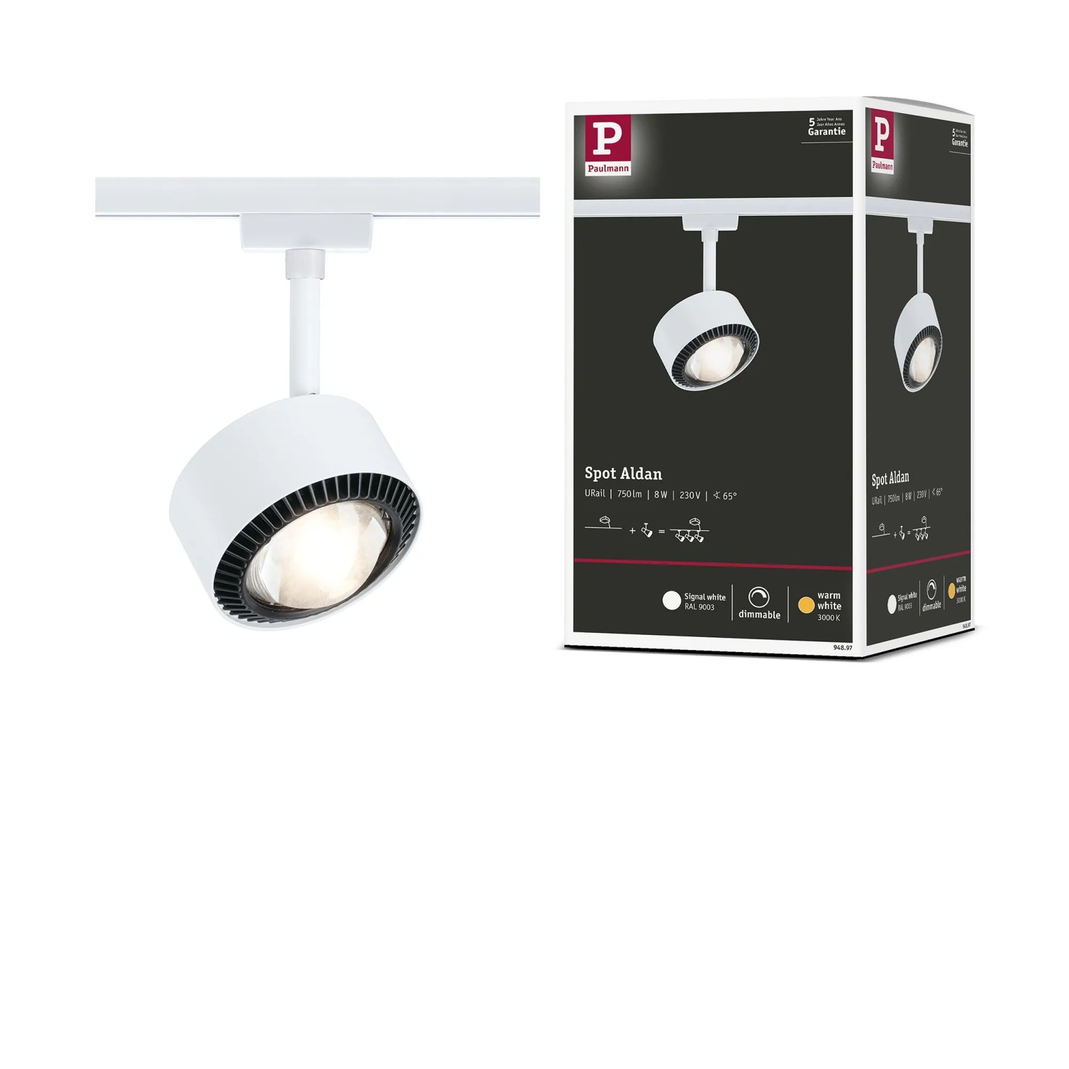 Paulmann LED-Schienenspot Aldan, signalweiß, warmweißes Licht, Teil eines URail-Schienensystems.