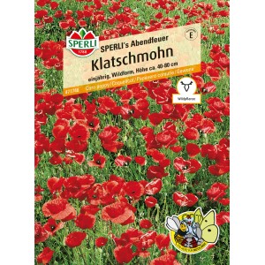 Samenpackung Sperli Klatschmohn Abendfeuer Rot mit blühendem Mohnfeld.