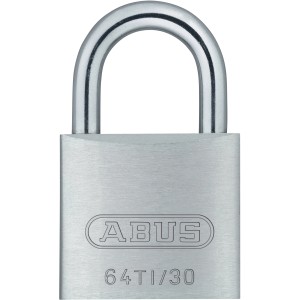Silbernes Abus Titalium Vorhangschloss 64TI/30 mit Stahlbügel und Logo.