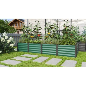 Langes, grünes Vitavia Linus Metall-Hochbeet mit Pflanzen im Garten.