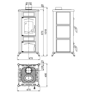 Technische Zeichnung Wamsler Romantik II Kaminofen, Maße und Ansichten des Küchenofens.