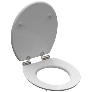 Weißer Schütte WC-Sitz Balance mit Holzkern und Absenkautomatik, geöffnet.
