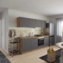 Moderne Küchenzeile in Grau- und Wotaneiche-Optik, 240 cm breit, ohne Elektrogeräte.