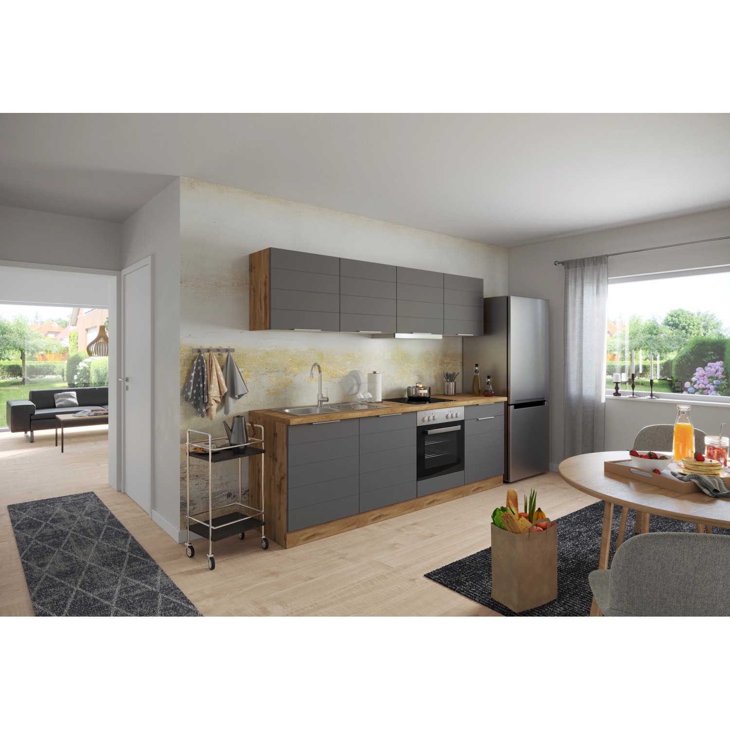 Moderne Küchenzeile in Grau- und Wotaneiche-Optik, 240 cm breit, ohne Elektrogeräte.
