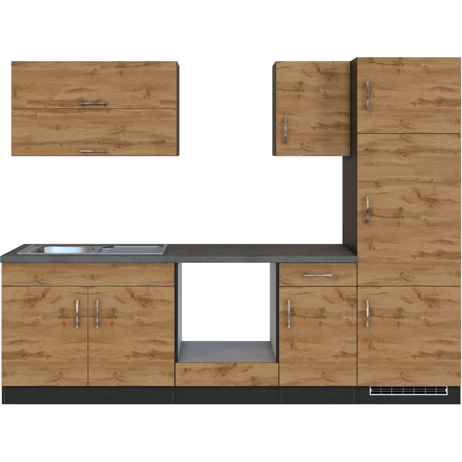 Held Möbel Küchenzeile Sorrento 270 cm in Wotaneiche-Grafit ohne E-Geräte.