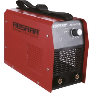 Rotes Absaar Inverter-Schweißgerät 120 A mit Tragegurt und Einstellknopf.